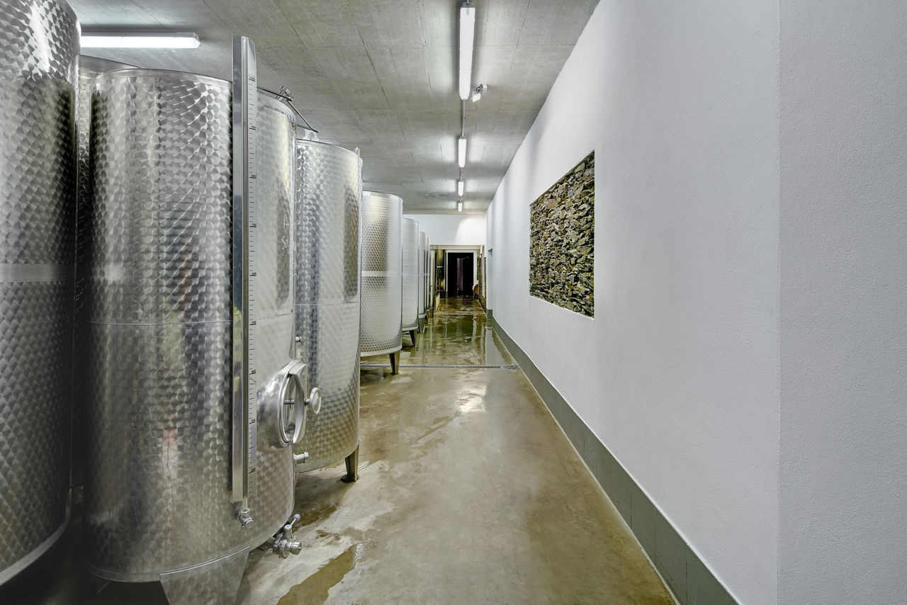 Foto: Blick in den Tankkeller in dem der Wein in Edelstahltanks gelagert wird. Die Sichtbetondecke und die weiße Wandgestaltung lässt den Keller hell und freundlich wirken.