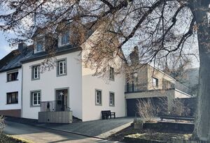 Alt- und Neubau mit Burgruine (im Hintergrund)