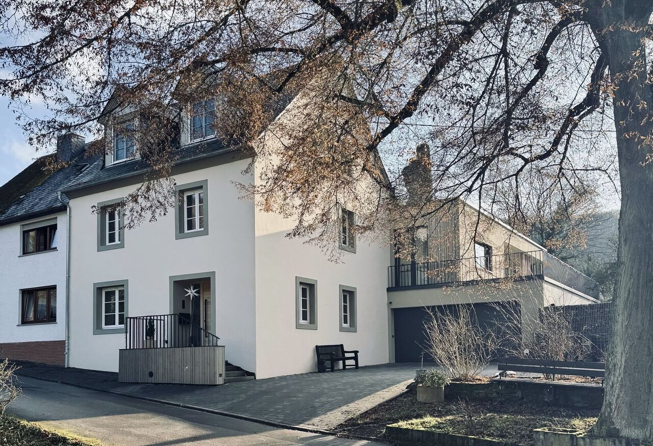 Alt- und Neubau mit Burgruine (im Hintergrund)