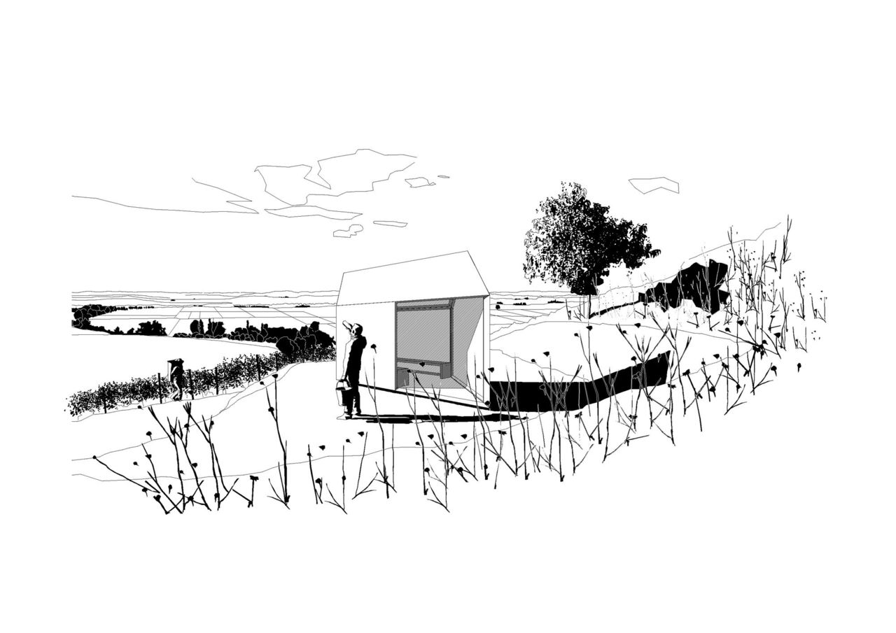 Entwurfszeichnung vom Weinbergshaus mit Blick auf das dahinter liegende Tal und die Weinberge.