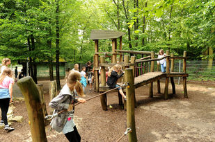 Kinder beim Erkunden der Außenanlage der Lerchenberg-Grundschule.