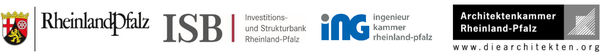Logos des Landes Rheinland-Pfalz, der Investitions- und Strukturbank Rheinland-Pfalz, der Ingenieurkammer Rheinland-Pfalz und der Architektenkammer Rheinland-Pfalz