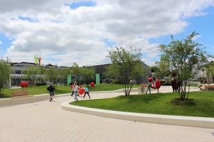 Stadtplatz mit Rasenflächen und roten Sitztulpen