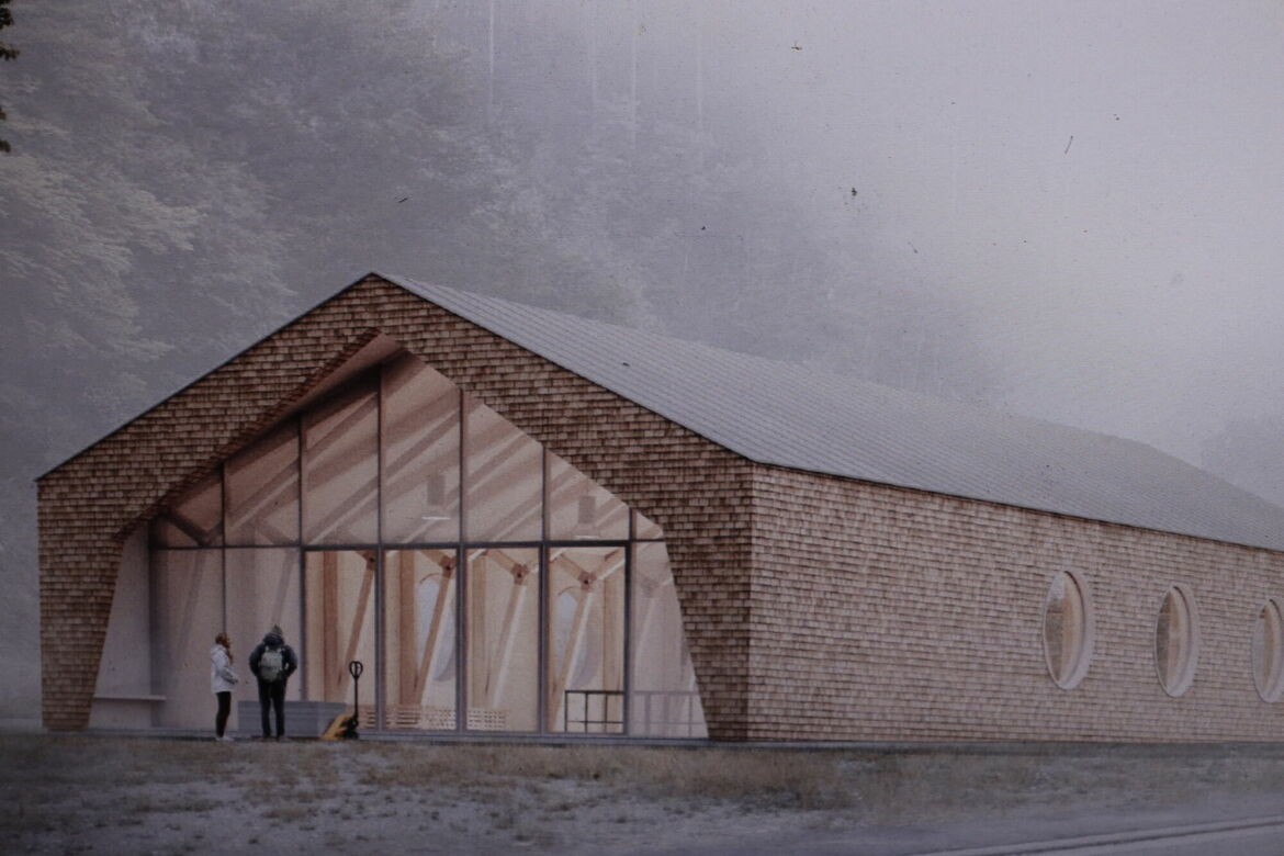 freitragende Halle aus Holz