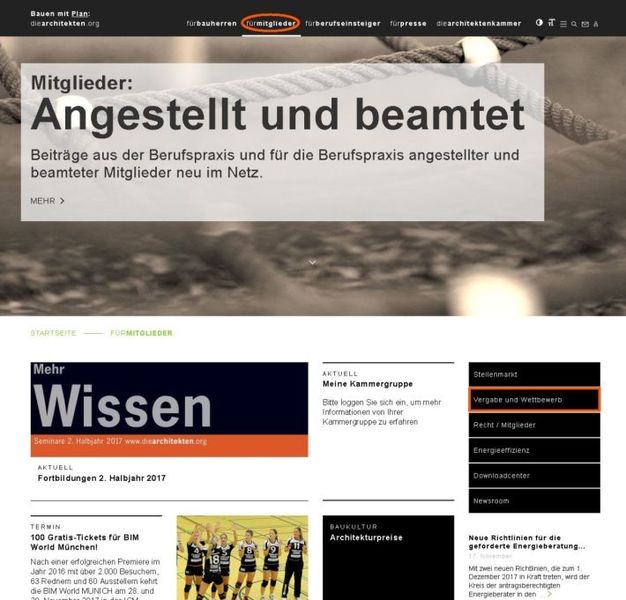 Screenshot der Portalseite "für Mitglieder"
