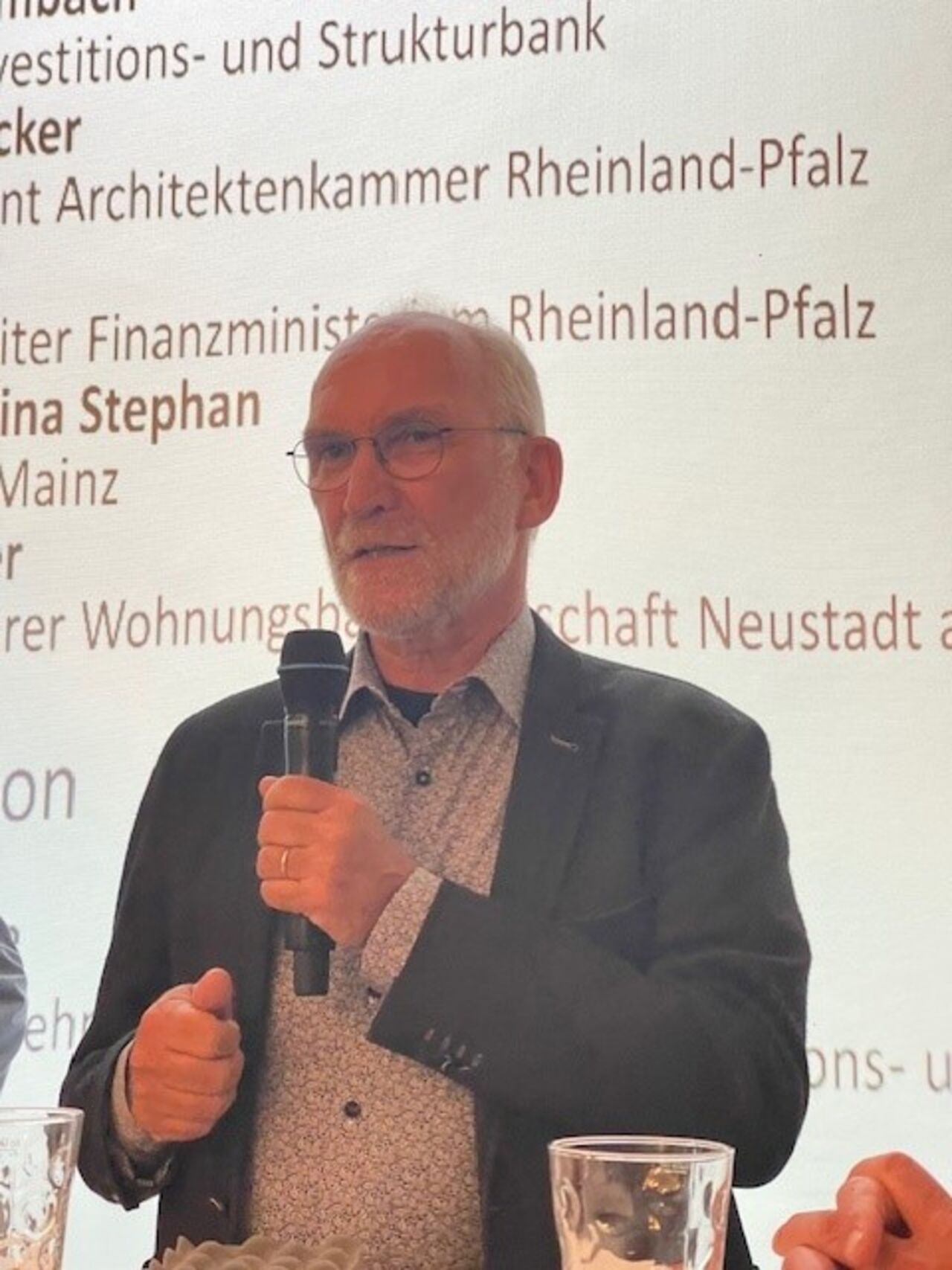 Mann spricht ins Mikrofon bei Diskussion