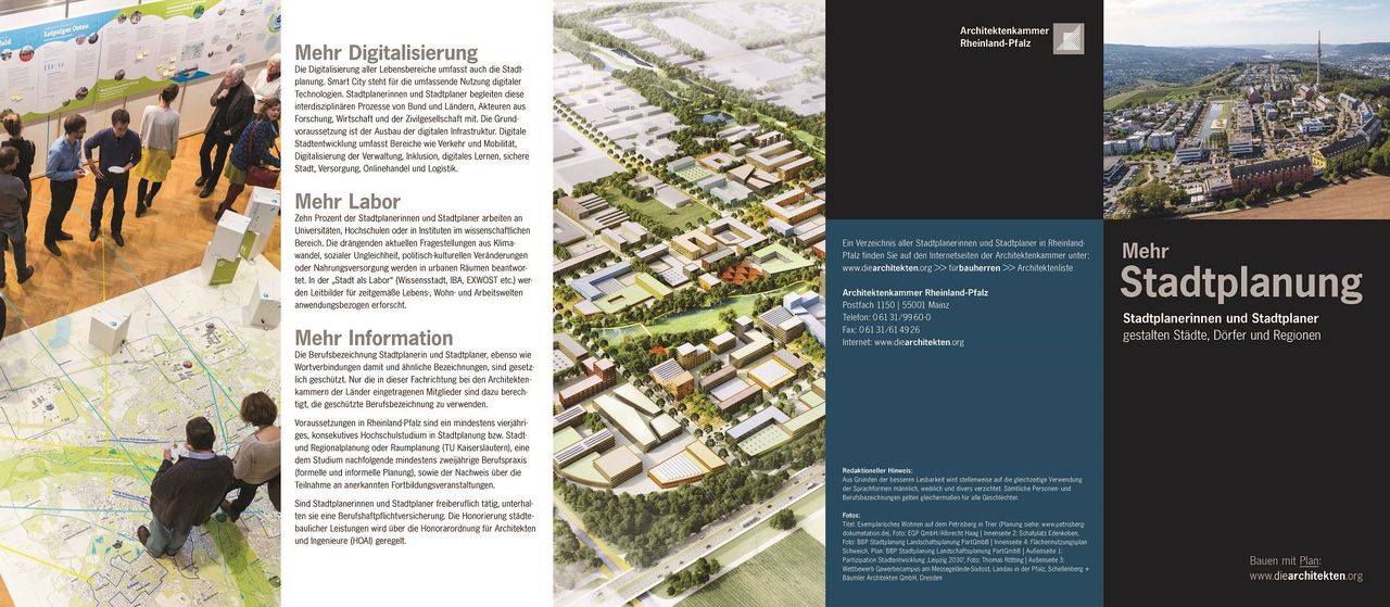 Ansicht aufgeklappter 10-seitiger Flyer "Mehr Stadtplanung" mit Titelseite..