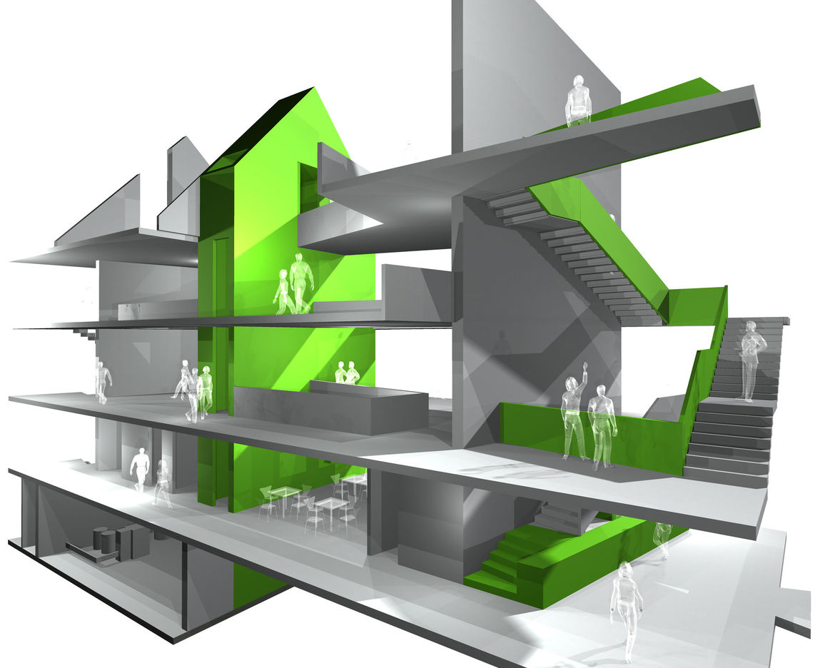Foto: Hille Architekten, Ingelheim Rendering einer Hausinnenstruktur mit Treppen in Grün.