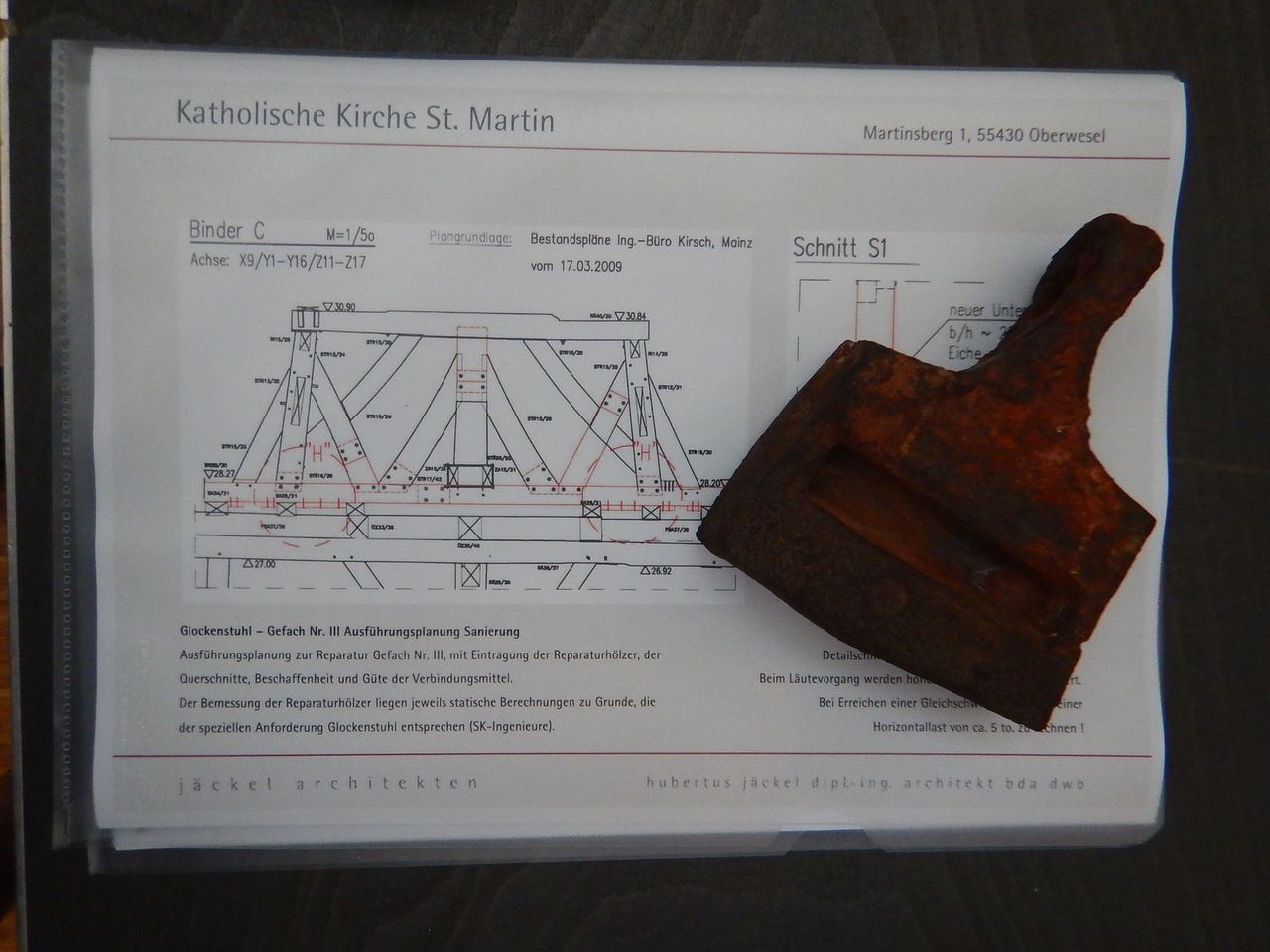 Zeichnung des Glockenstuhls der Martinskirche und originale Auflagerung.