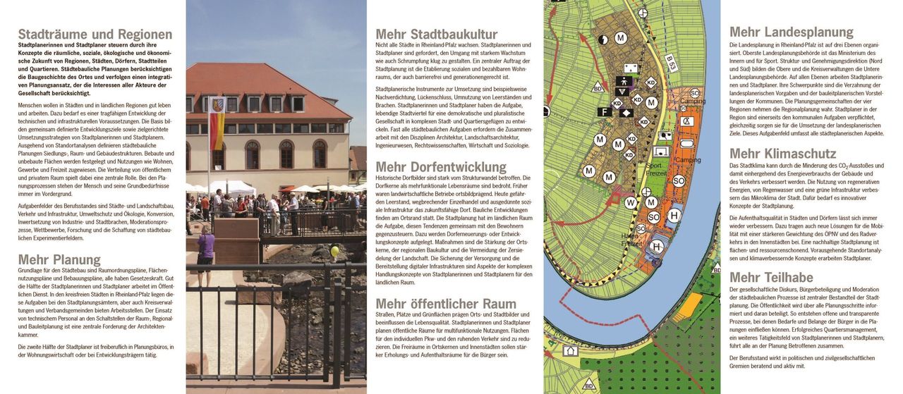 Ansicht aufgeklappter 10-seitiger Flyer "Mehr Stadtplanung" mit Innenseiten.