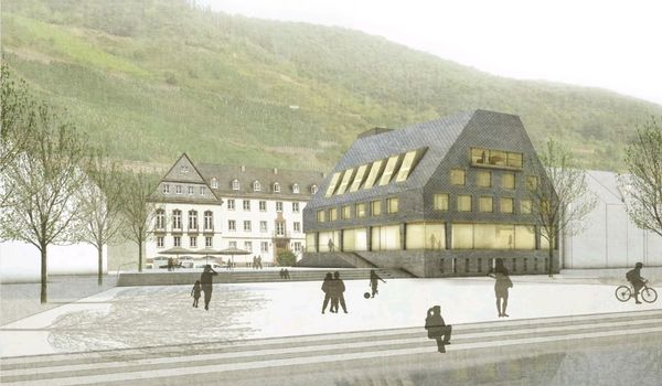 Computer-Rendering eines Architekturmodells für das neue Rathaus in Zell (Mosel) von Freitag Hartmann Architekten aus Berlin.