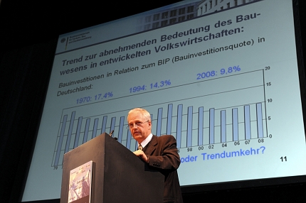 Mann am Rednerpult mit Trendchart der Baubranche im Hintergrund