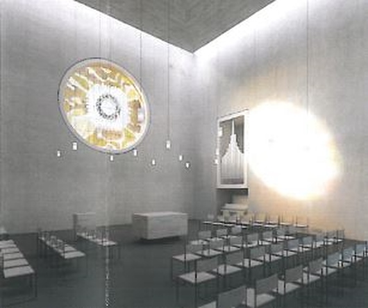 Der Entwurf des zweiten Preises für den Innenraum der Kapelle als Rendering abgebildet.