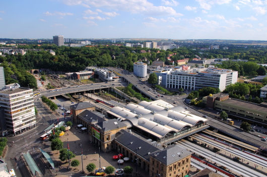 Lufbild, Blick über den Mainzer Hauptbahnhof - ein Gebiet mit städtebaulichen Herausforderungen